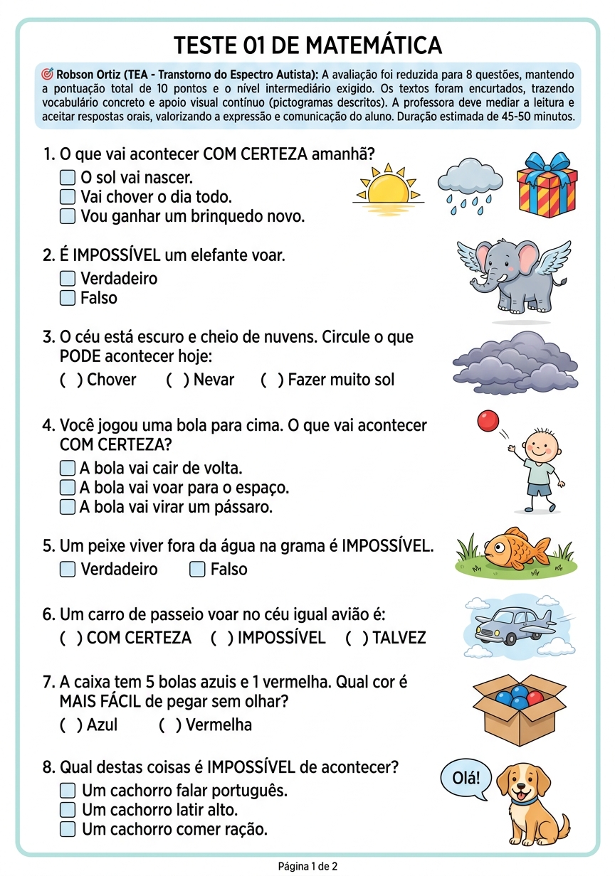 Folha A4 real - mesma Avaliacao adaptada para aluno PEI com TEA Transtorno do Espectro Autista - 8 questoes com pictogramas grandes vocabulario concreto e bloco de orientacoes pedagogicas pro professor mantendo 10 pontos totais