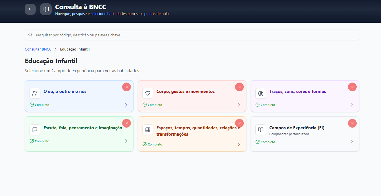 Tela real do app - Educacao Infantil com 5 Campos de Experiencia + 1 personalizado