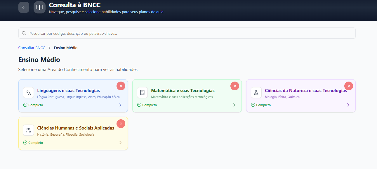 Tela real do app - Ensino Medio com 4 Areas do Conhecimento (Linguagens, Matematica, Ciencias da Natureza, Ciencias Humanas)