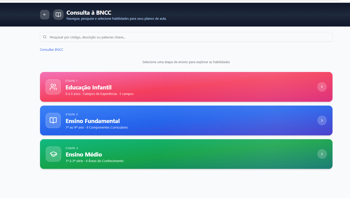 Tela real do app - Consulta BNCC com 3 etapas: Educacao Infantil, Ensino Fundamental e Ensino Medio