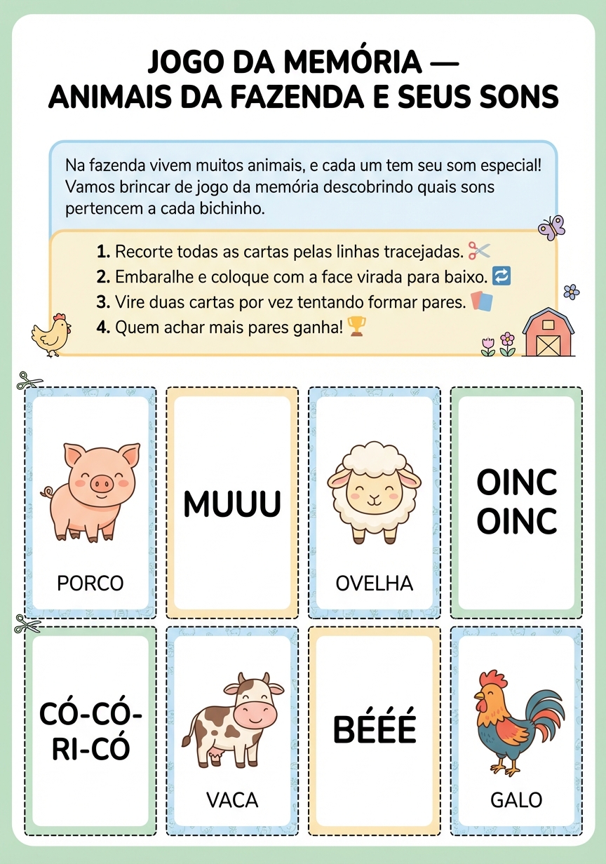 Folha A4 real - Jogo da memoria animais da fazenda (pagina 1)