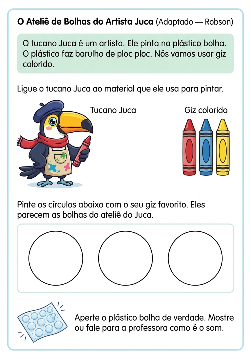 Folha A4 real - O Tapete de Bolhas do Artista Juca adaptada TEA - Transtorno do Espectro Autista gerada pelo sistema Plano Prático BNCC