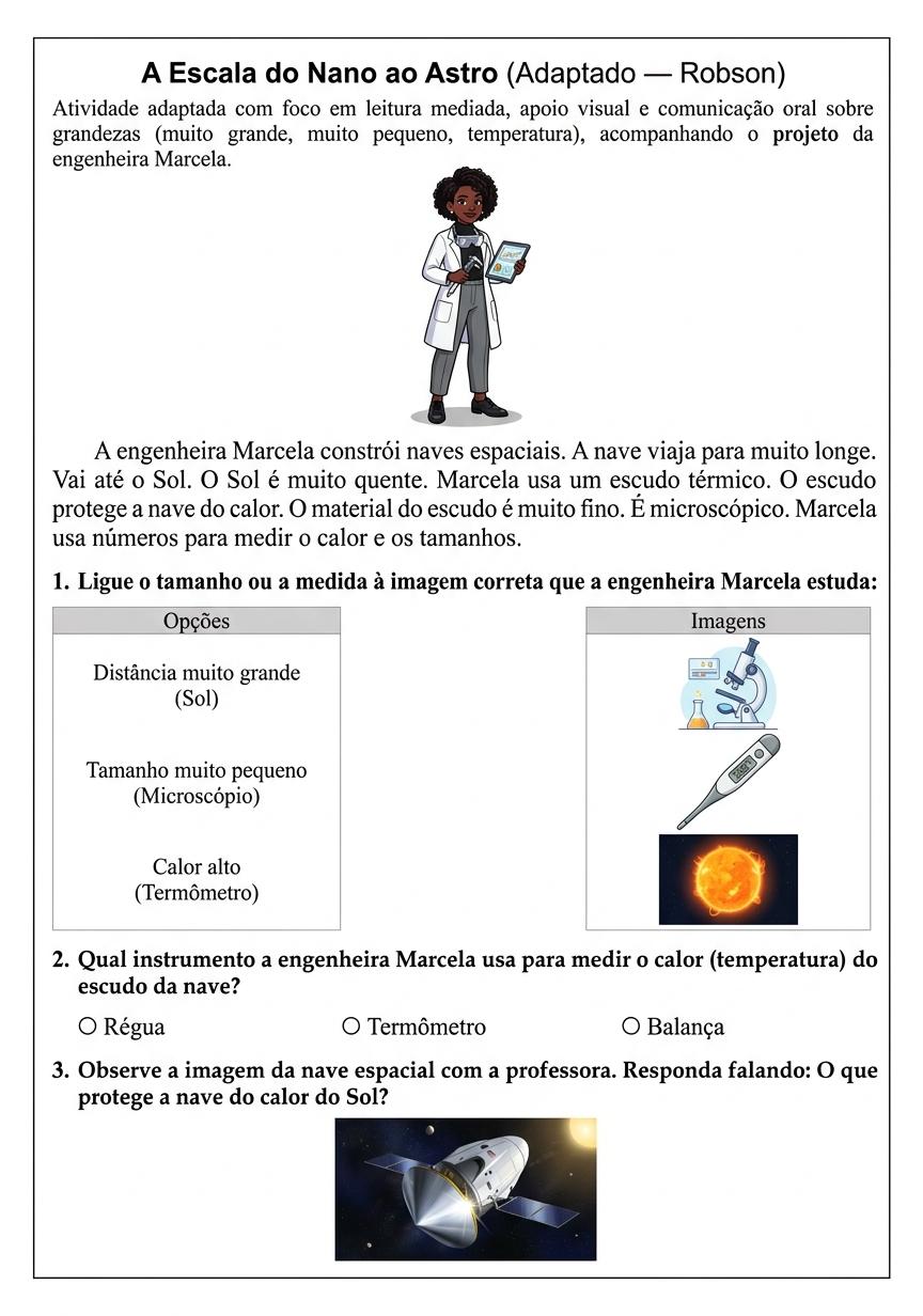 Folha A4 real - A Escala do Nano ao Astro adaptada TEA - Transtorno do Espectro Autista gerada pelo sistema Plano Prático BNCC
