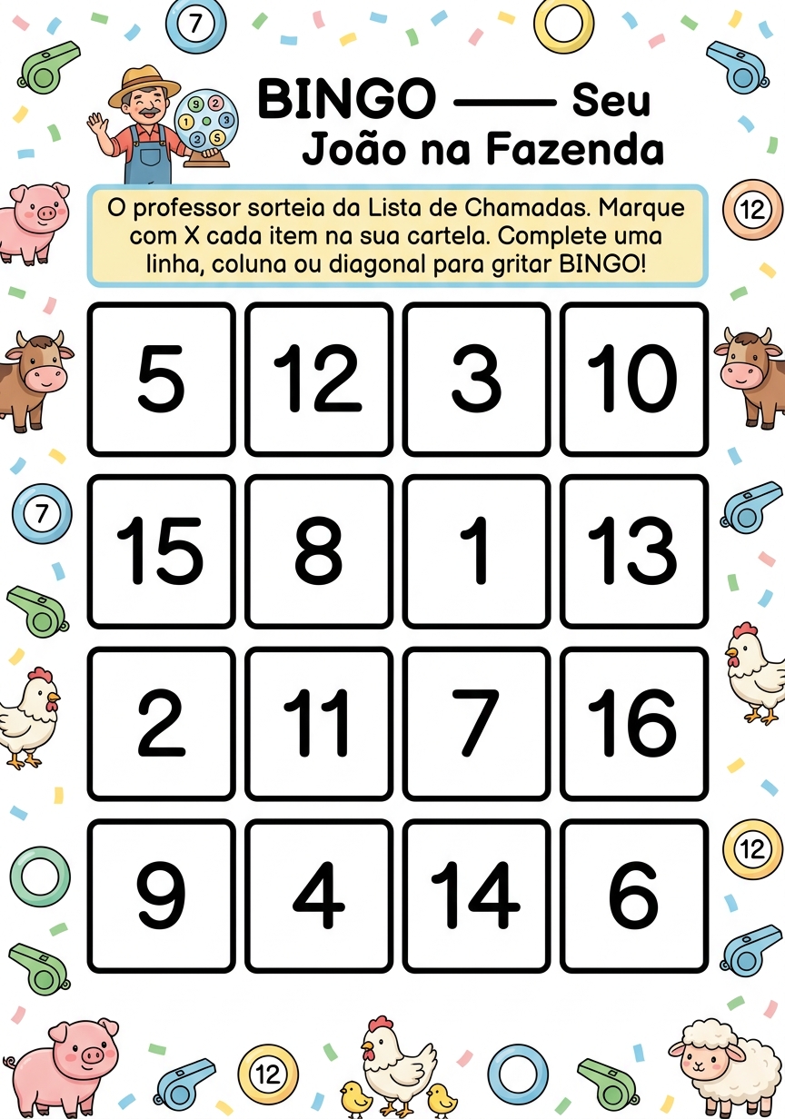 Folha A4 real - Bingo da Fazenda (Matematica, EF Anos Iniciais) gerada pelo app