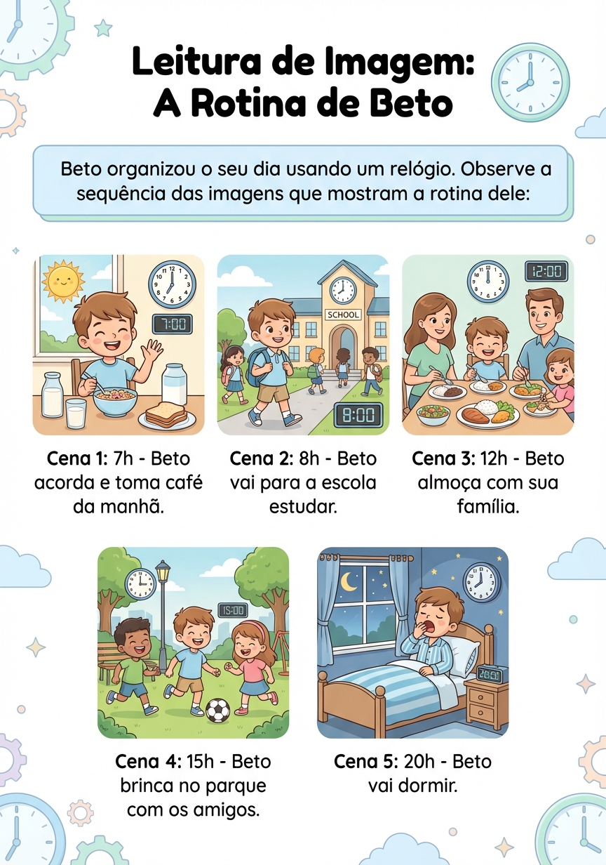 Folha A4 real - Leitura de imagem com rotina ilustrada do Beto (EF Iniciais) gerada pelo app